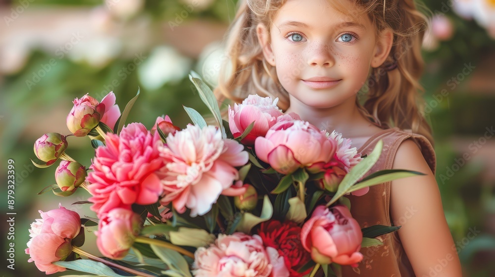 A young girl with blonde hair holds a beautifully arranged bouquet of pink and white peonies in what appears to be a sunlit garden, creating a serene and cheerful scene. A young girl with blonde hair holds a beautifully arranged bouquet of pink and white peonies in what appears to be a sunlit garden, creating a serene and cheerful scene.