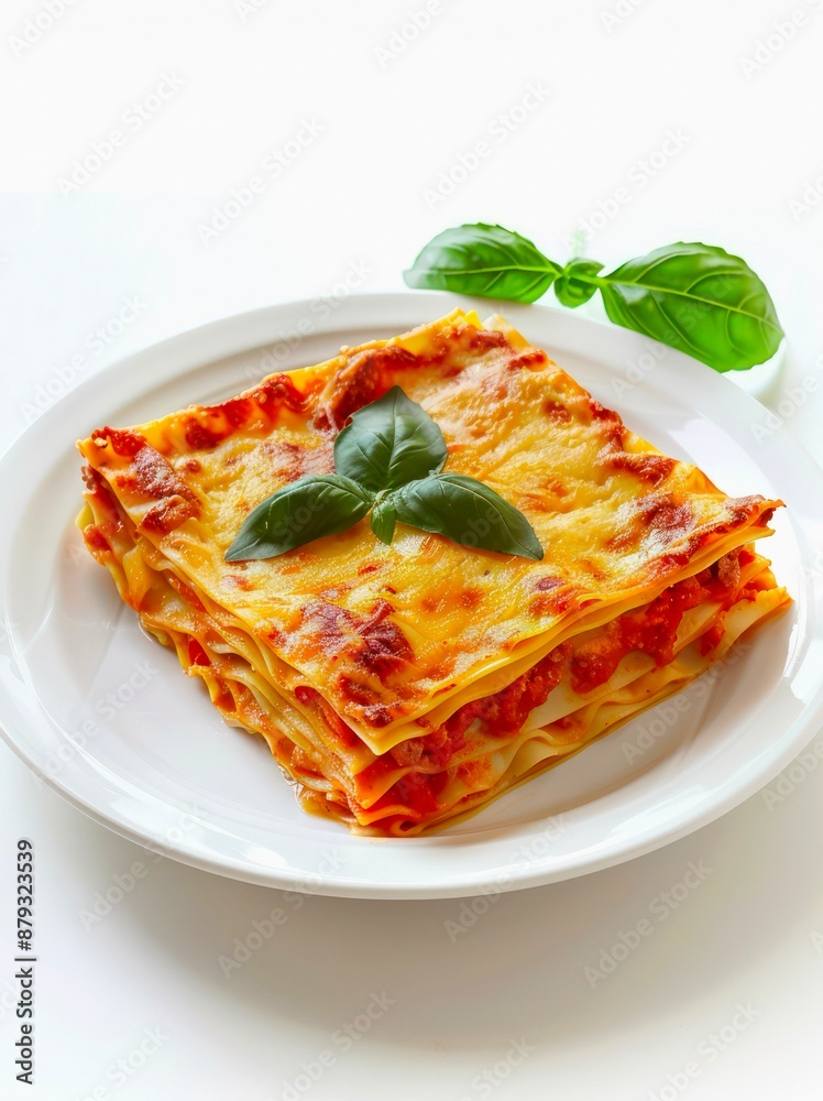 Plate of lasagna with cheese and tomato sauce on white background. Plate of lasagna with cheese and tomato sauce on white background.