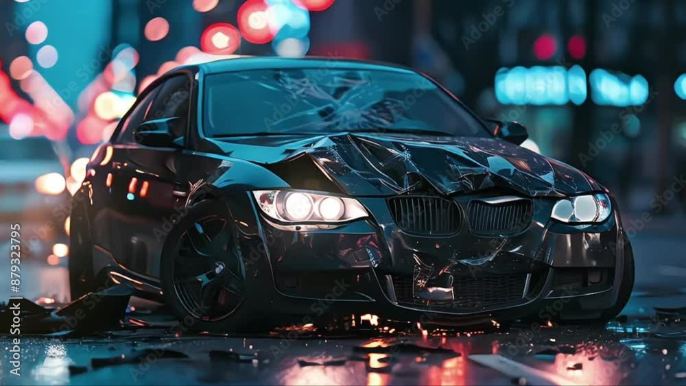 Crashed car with destroyed front end, car accident