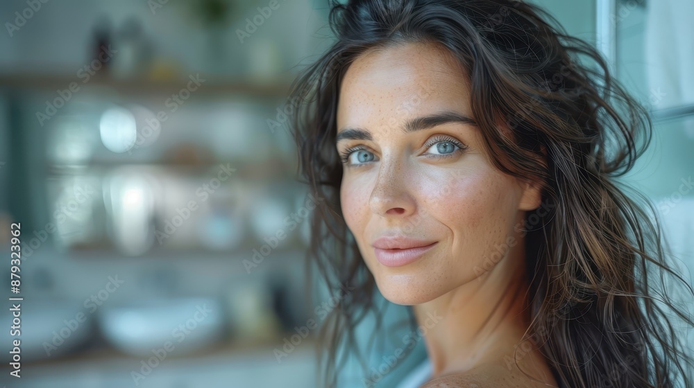 A woman with tousled hair is seen looking sideways in a bathroom setting, capturing a natural and relaxed moment. The image emphasizes her casual and effortless beauty. A woman with tousled hair is seen looking sideways in a bathroom setting, capturing a natural and relaxed moment. The image emphasizes her casual and effortless beauty.