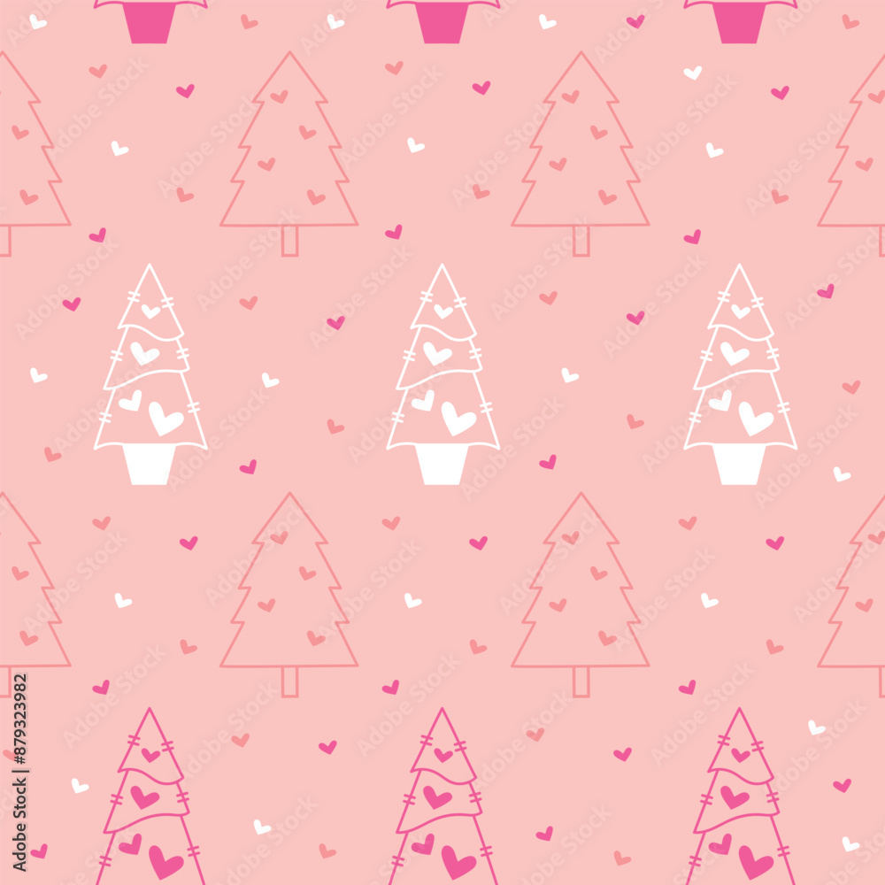 White and pink hand drawn christmas tree vector pattern with hearts on pink background White and pink hand drawn christmas tree vector pattern with hearts on pink background
