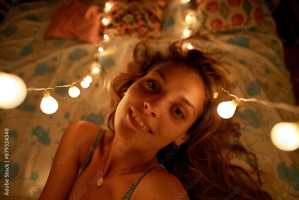 Woman lying on bed with fairy lights
