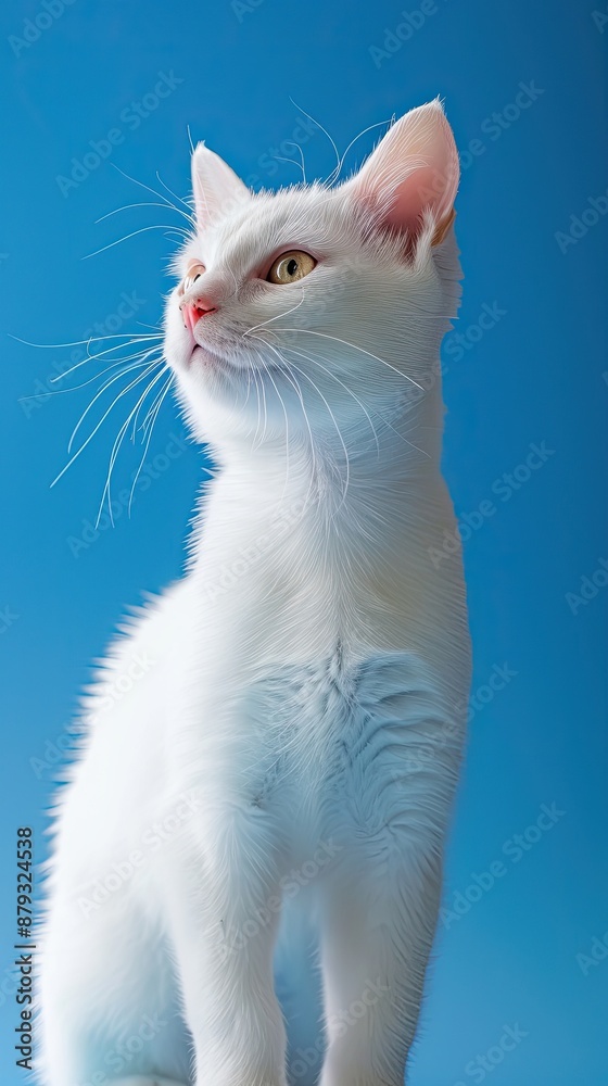 A striking white cat with yellow eyes, posing gracefully against a vivid blue background A striking white cat with yellow eyes, posing gracefully against a vivid blue background