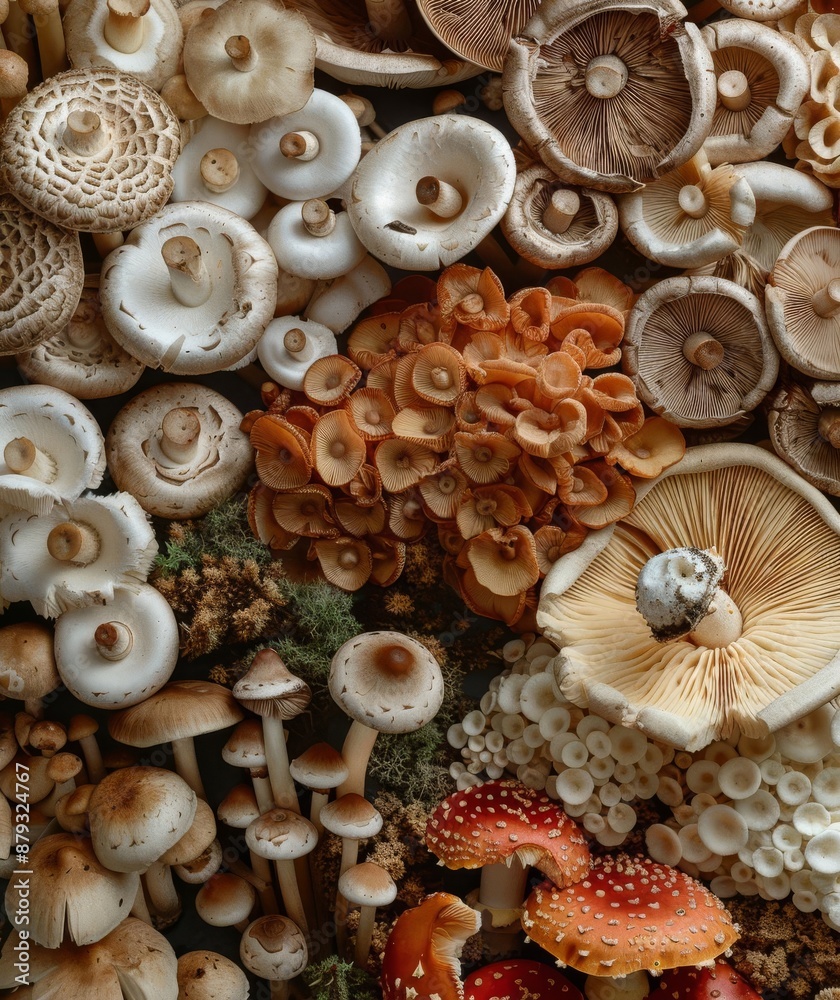 A beautiful photo of an assortment of mushrooms, including shiitake and button mushrooms A beautiful photo of an assortment of mushrooms, including shiitake and button mushrooms
