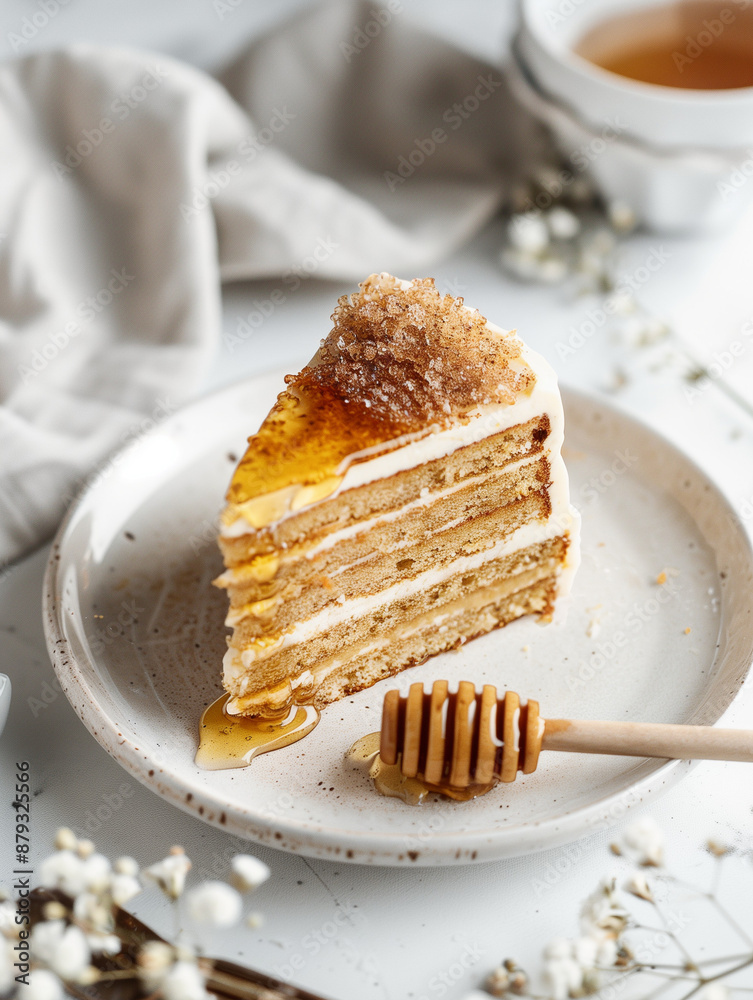 Honey cake with layers of honey-infused frosting and honeycomb garnish Honey cake with layers of honey-infused frosting and honeycomb garnish