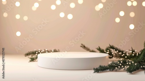 Festive white podium with garland and lights on beige backdrop