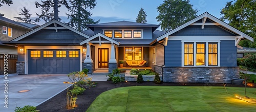 Chic suburban Craftsman home painted in slate blue, featuring a spacious driveway and a cozy backyard photo