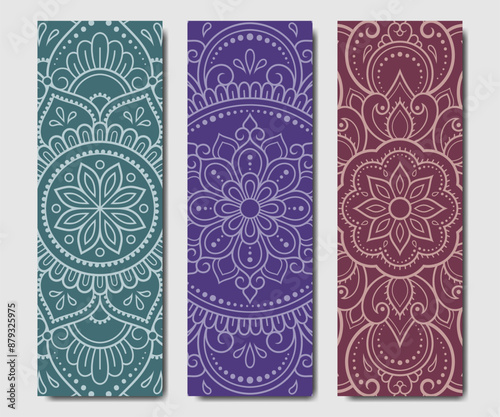 Set of design yoga mats. Lotus floral pattern, mandala in oriental style for decoration sport equipment. Colorful ethnic Indian ornaments for spiritual serenity. Decor of card, poster, print.