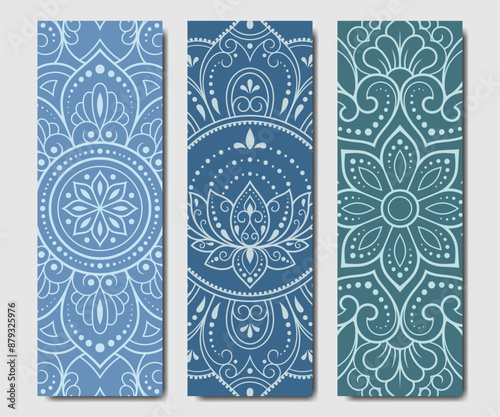 Set of design yoga mats. Lotus floral pattern, mandala in oriental style for decoration sport equipment. Colorful ethnic Indian ornaments for spiritual serenity. Decor of card, poster, print.