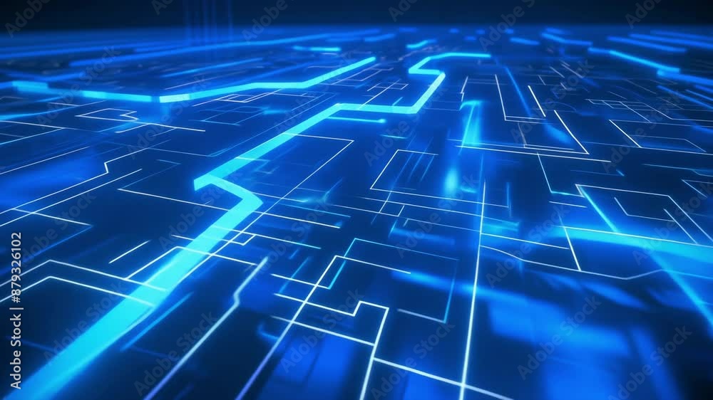 Futuristic digital circuit board with glowing blue lines depicting ...