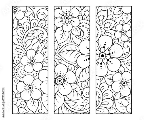 Printable bookmark for book - coloring. Set of black and white labels with flower patterns, hand draw in mehndi style. Sketch of ornaments for creativity of children and adults with colored pencils.