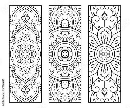 Printable bookmark for book - coloring. Set of black and white labels with flower patterns, hand draw in mehndi style. Sketch of ornaments for creativity of children and adults with colored pencils.