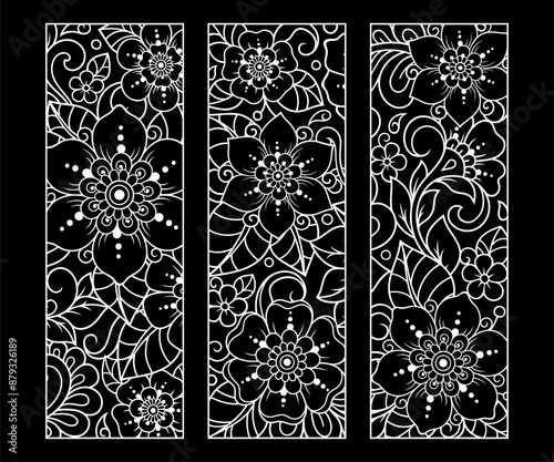 Printable bookmark for book - coloring. Set of black and white labels with flower patterns, hand draw in mehndi style. Sketch of ornaments for creativity of children and adults with colored pencils.