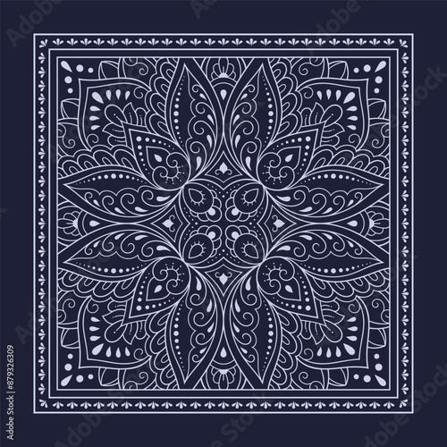 Circular pattern in form of mandala with flower for Henna, Mehndi, decoration. Blue decorative ornament in ethnic oriental style for a bandana. Outline doodle hand draw vector illustration.