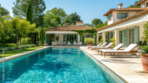 Luxurious poolside leisure at Mediterranean villa with verdant gardens © paffy