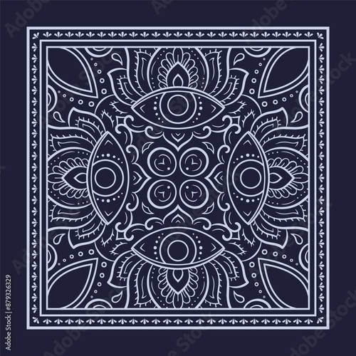 Circular pattern in form of mandala with flower for Henna, Mehndi, decoration. Blue decorative ornament in ethnic oriental style for a bandana. Outline doodle hand draw vector illustration.