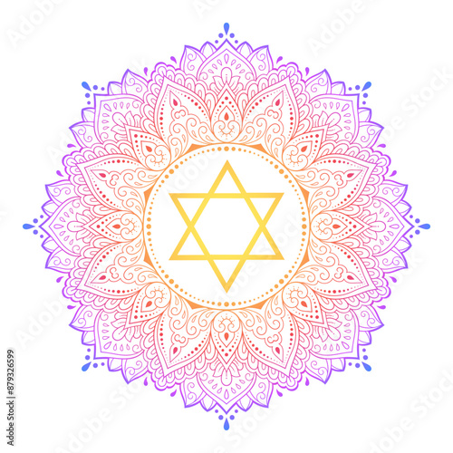 Circular pattern in form of mandala with the Star of David for Henna, Mehndi, tattoo, decoration. Decorative ornament in ethnic oriental style. Outline doodle hand draw vector illustration.