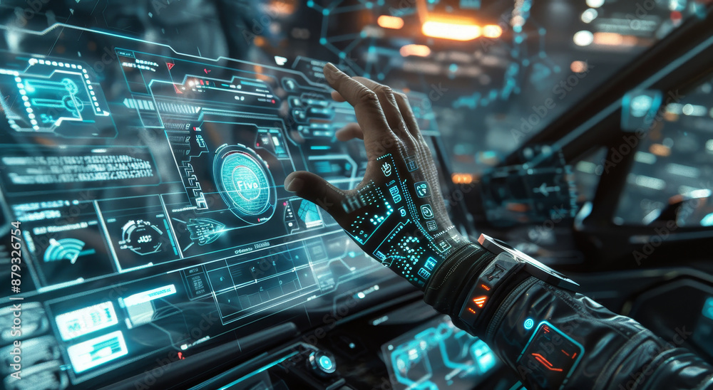 In the futuristic car interior, there is an open screen with digital graphics and lines of data flowing across it.