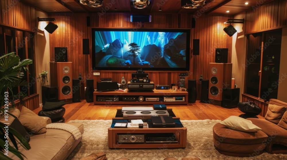 Living room with a home theater system, showcasing a large screen and surround sound speakers. Living room with a home theater system, showcasing a large screen and surround sound speakers.