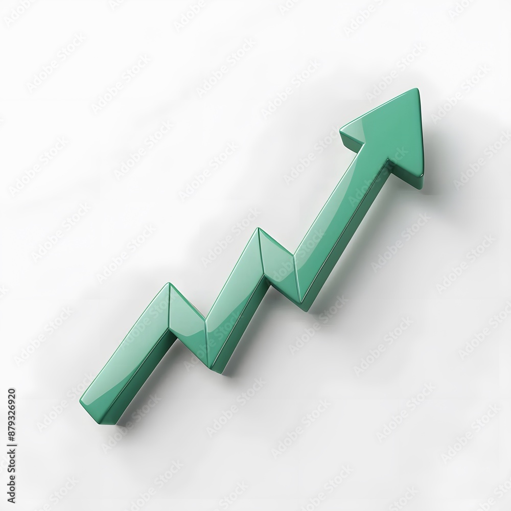 Green upward arrow in a zigzag pattern representing growth, success, and positive trends on a white background. Green upward arrow in a zigzag pattern representing growth, success, and positive trends on a white background.