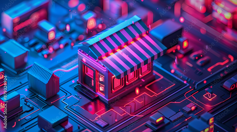 Futuristic cityscape with illuminated digital elements and a central virtual shop symbolizing modern e-commerce. Futuristic cityscape with illuminated digital elements and a central virtual shop symbolizing modern e-commerce.