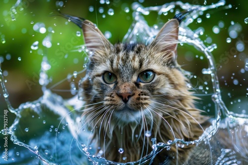 Wet tabby cat shaking off water droplets after swimming in a lake photo