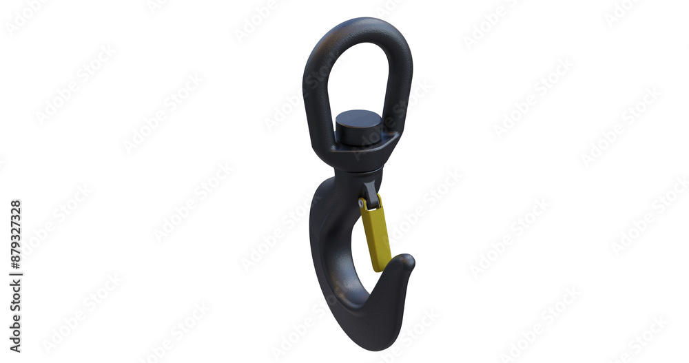 Industrial lifting hook; crane attachment with latch mechanism; Isolated 3D design hook with safety latch Industrial lifting hook; crane attachment with latch mechanism; Isolated 3D design hook with safety latch