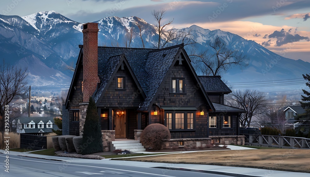 Fototapeta premium Chic suburban Gothic Revival house in dark brown, mountain view, midday,