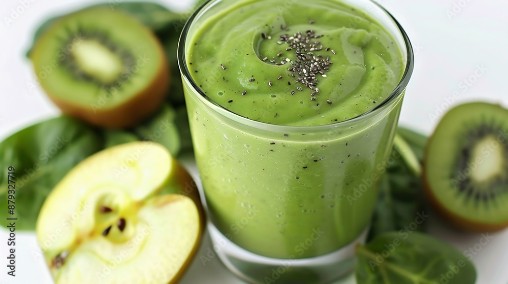 Glass Of Green Smoothie With Apple, Kiwi And Spinach, Table, Chia Seeds, White Background Glass Of Green Smoothie With Apple, Kiwi And Spinach, Table, Chia Seeds, White Background