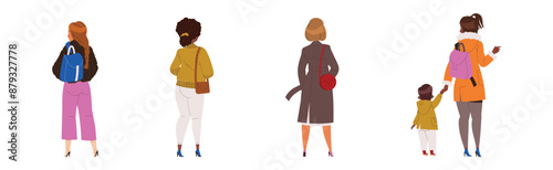 People Characters Standing in Row Back View Vector Illustration Se