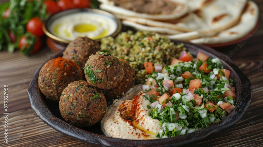 Middle Eastern mezze platter with hummus, falafel, tabbouleh, and pita bread. Middle Eastern mezze platter with hummus, falafel, tabbouleh, and pita bread.