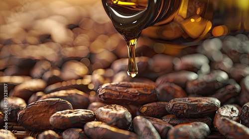 cocoa essential oil drips into the bottle. Selective focus photo