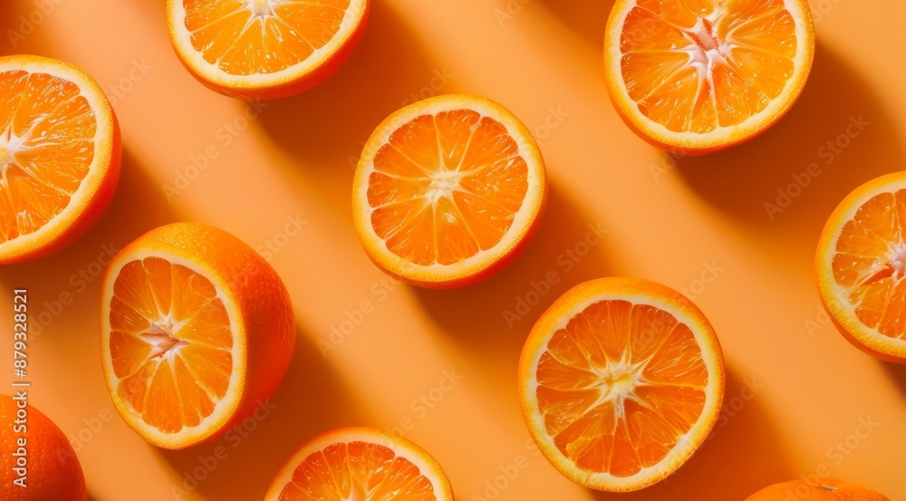 Pattern with halves of orange fruit on orange background, top view, minimal flat lay style. Pattern with halves of orange fruit on orange background, top view, minimal flat lay style.
