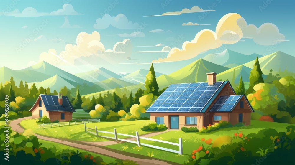 A peaceful countryside scene with two houses with solar panels, illustration A peaceful countryside scene with two houses with solar panels, illustration