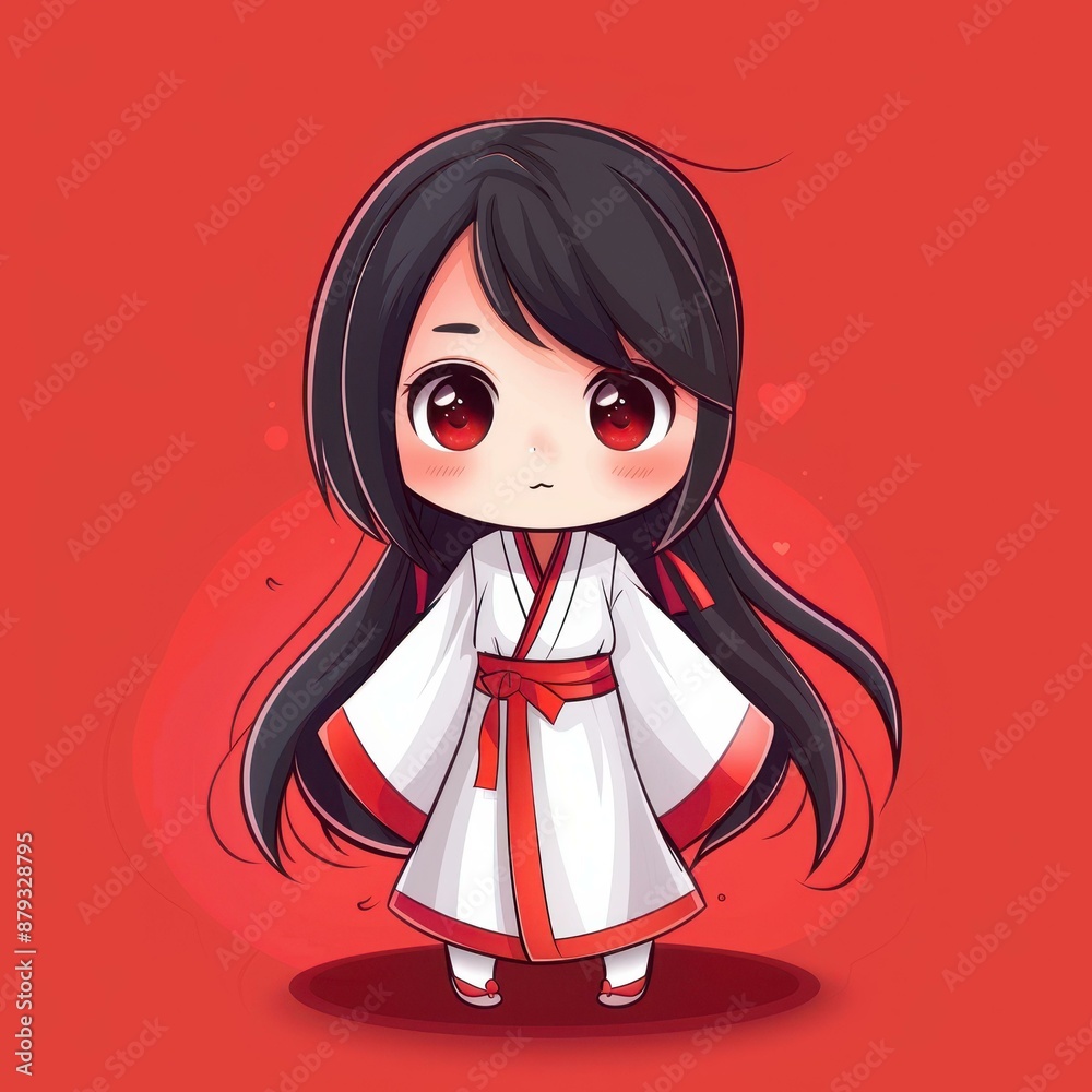 Charming Chinese girl anime characters in cute chibi style with onecolor backdrops. Charming Chinese girl anime characters in cute chibi style with onecolor backdrops.