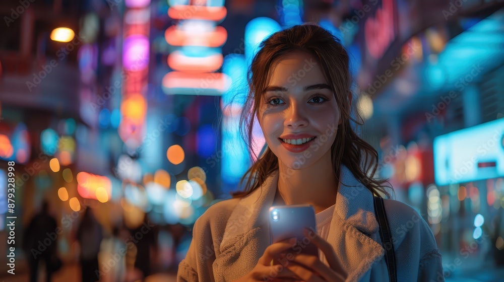 A young woman is shown immersed in bright neon city lights at night, holding a phone, embodying a sense of modernity and vibrant urban lifestyle. A young woman is shown immersed in bright neon city lights at night, holding a phone, embodying a sense of modernity and vibrant urban lifestyle.