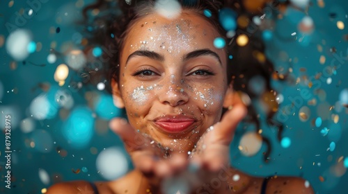 A joyful woman with glowing glitter and confetti on her face blows kisses towards the camera, creating a festive atmosphere filled with vibrant energy and happiness. photo