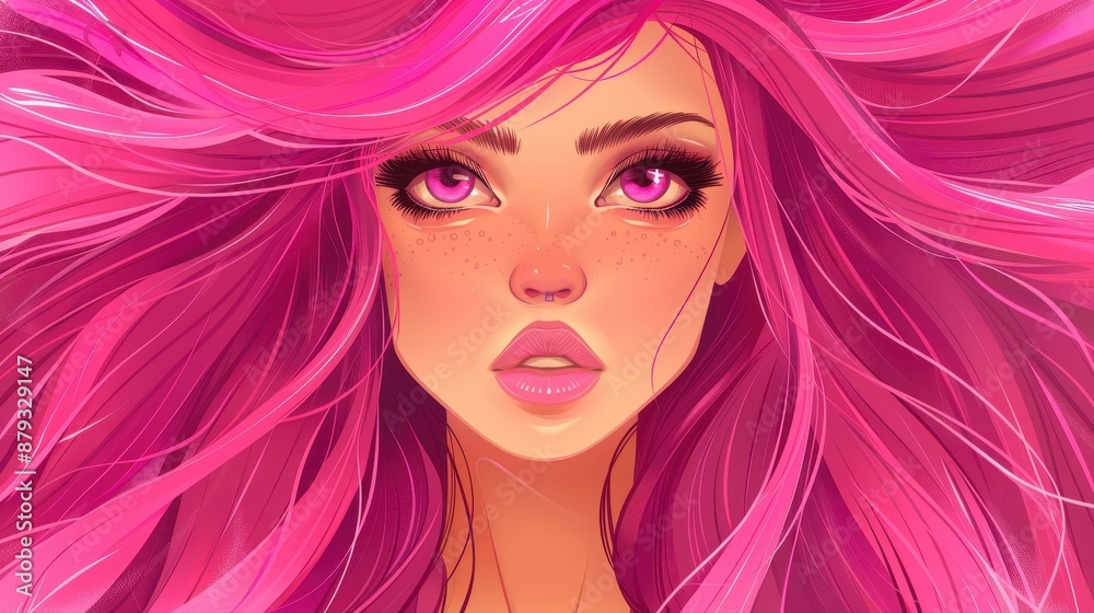 Digital artwork of a pretty girl with pink hair in anime style, portraying love and glamour. Digital artwork of a pretty girl with pink hair in anime style, portraying love and glamour.