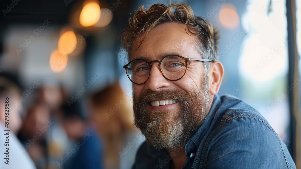An older man with glasses and a beard smiles warmly at the camera, captured in a cozy cafe setting with dim lighting, exuding relaxation and contentment. An older man with glasses and a beard smiles warmly at the camera, captured in a cozy cafe setting with dim lighting, exuding relaxation and contentment.