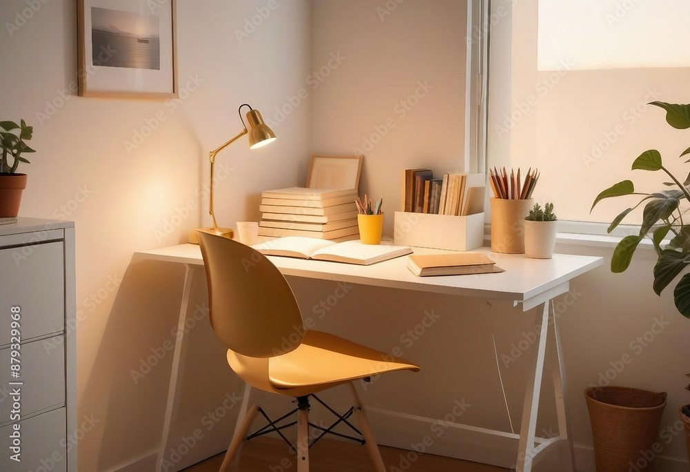 desk featuring a single work lamp illuminating an orderly arrangement of notebooks and books, light-colored wood or white desk, black metal chair frame
desk featuring a single work lamp illuminating an orderly arrangement of notebooks and books, light-colored wood or white desk, black metal chair frame
