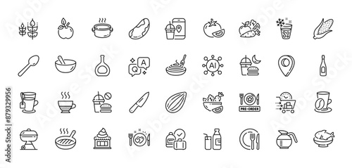 Romantic dinner, Coffee cup and Spoon line icons pack. AI, Question and Answer, Map pin icons. Saucepan, Seafood, Doppio web icon. Ice cream, Gluten free, Brazil nut pictogram. Vector