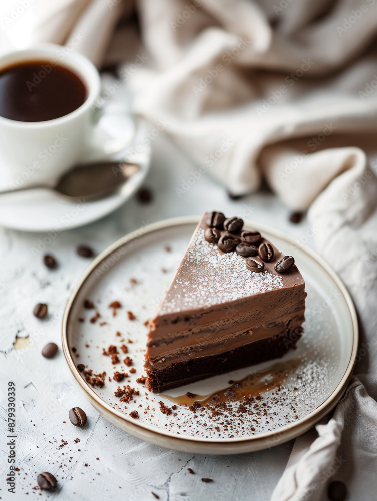 Decadent mocha layer cake with chocolate coffee beans and cup of espresso Decadent mocha layer cake with chocolate coffee beans and cup of espresso