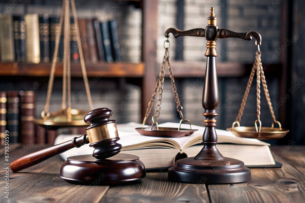 Justice and the law. A wooden hammer, books and scales on the table. The court session. Justice and the law. A wooden hammer, books and scales on the table. The court session.