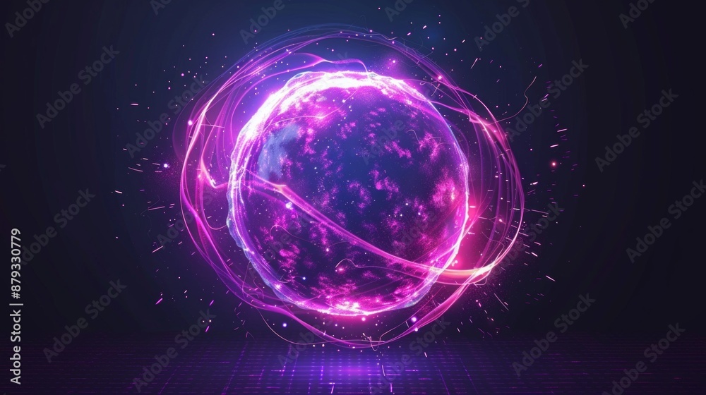 Obraz premium Abstract neon energy sphere of particles and waves of magical glowing on a dark background, circle and loop frames with magic purple and pink flame and sparks isolated on transparent.