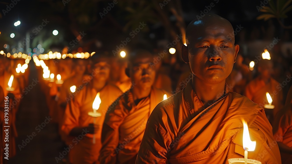 Fototapeta premium Tranquil Evening Ceremony: Monks in Spiritual Procession with Lit Candles