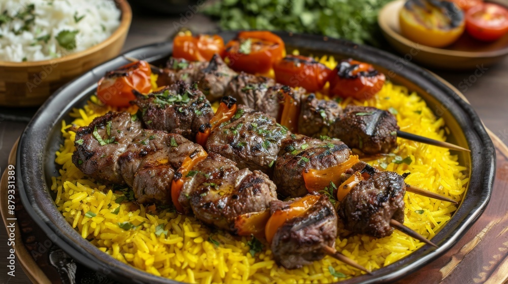 Persian saffron rice with tahdig crust, served with lamb kebabs and grilled tomatoes. Persian saffron rice with tahdig crust, served with lamb kebabs and grilled tomatoes.