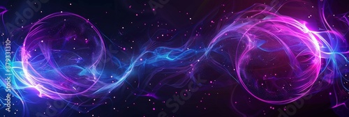 Abstract neon energy sphere of particles and waves of magical glowing on a dark background, circle and loop frames with magic purple and pink flame and sparks isolated on transparent.
