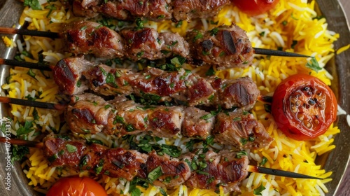 Persian saffron rice with tahdig crust, served with lamb kebabs and grilled tomatoes. photo