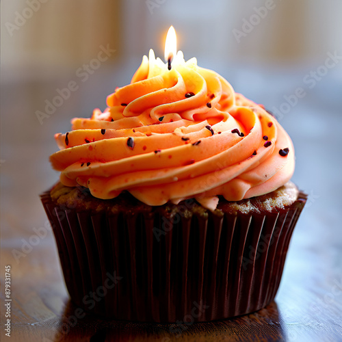 Celebrate with an orange frosted cupcake topped with a single candle, perfect for birthdays and special moments