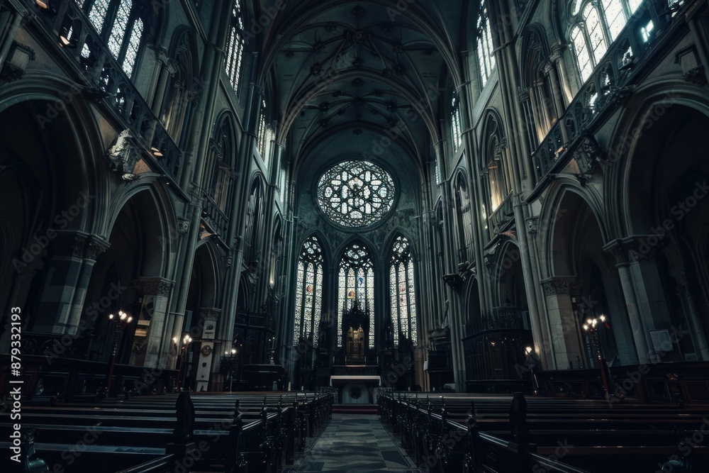 Empty gothic cathedral interior with stained glass windows illuminating the aisle and pews Empty gothic cathedral interior with stained glass windows illuminating the aisle and pews